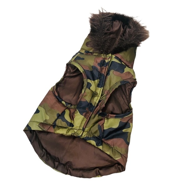 Simply Dog Camo Dog Coat Jacket Faux Fur Hood Trim - Picture 2 of 14